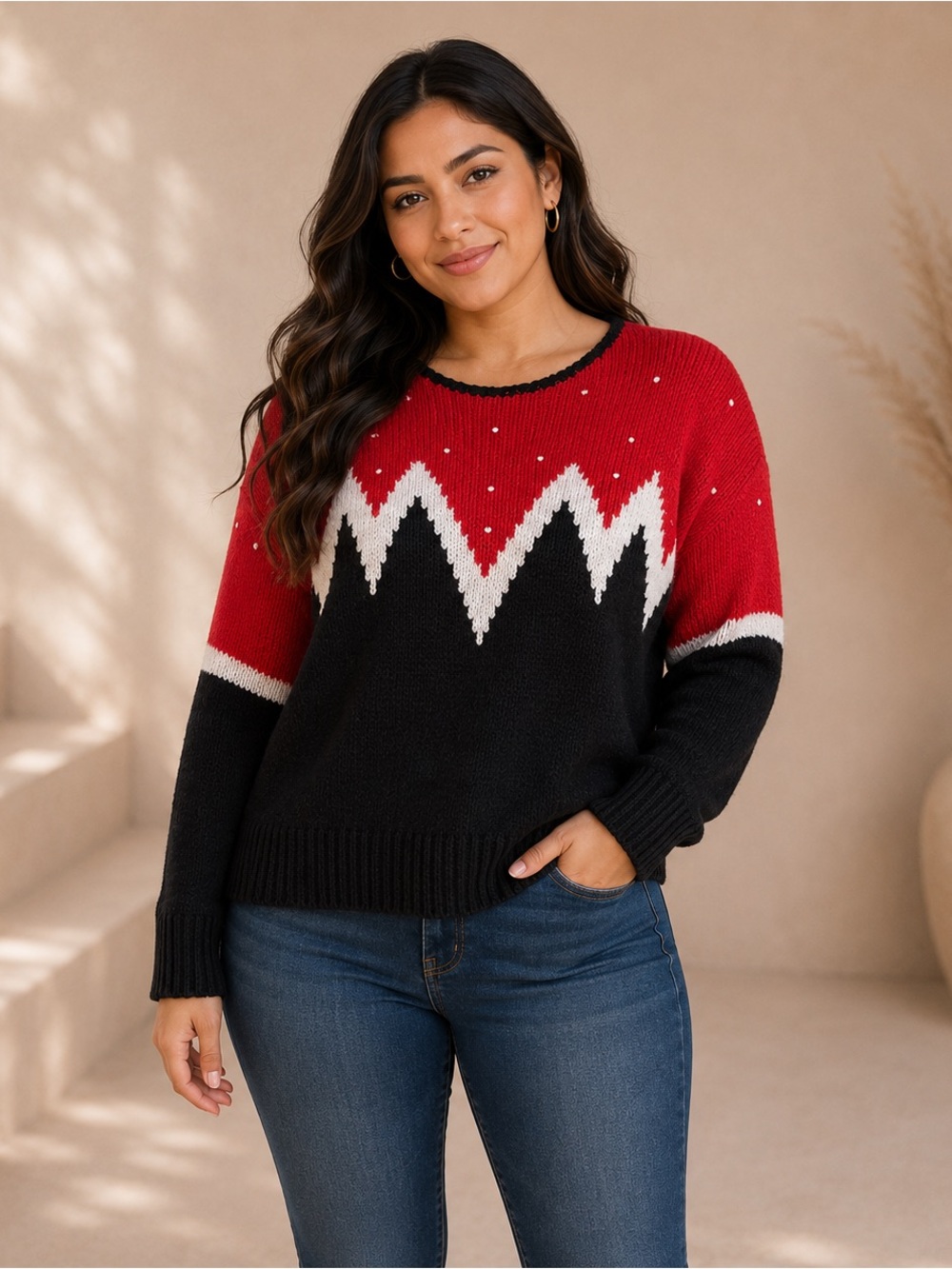 80s Retro Bramble Chevron Red, Black & White & Pearls Knit Sweater Sz. Med.